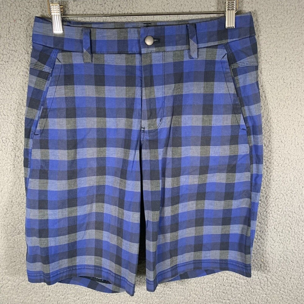 lululemon athletica Blue and Black Plaid Men's Flat Front Shorts